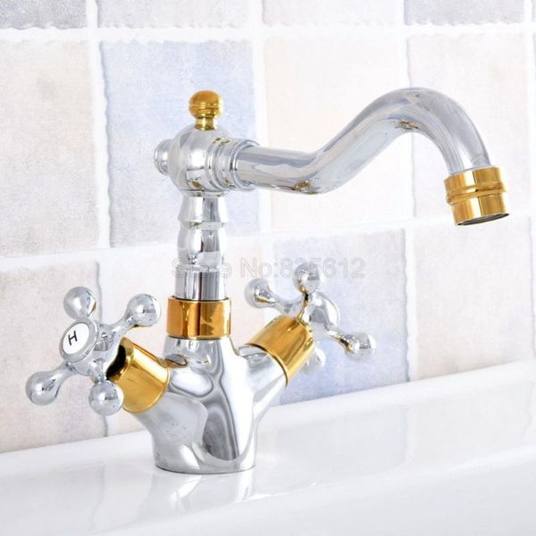 

polished chrome & gold color brass swivel spout double cross handles bathroom basin sink faucet mixer tap tsf805 faucets1