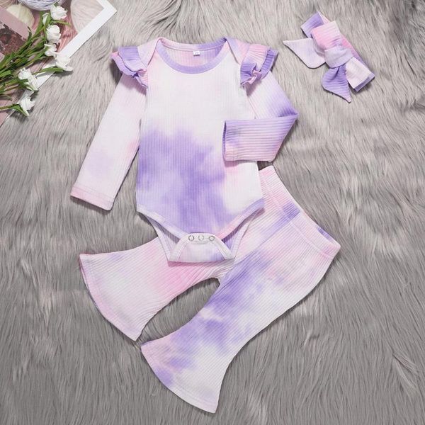 

clothing sets toddler girl fall boutique clothes 2021 fashion kids tie-dye rompe+flower pants+bowknot roupas infantis menina, White