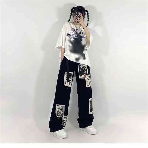 

grunge punk patchwork black jeans women hip hop streetwear print oversize wide leg trousers 90s vintage fashion pants, Blue