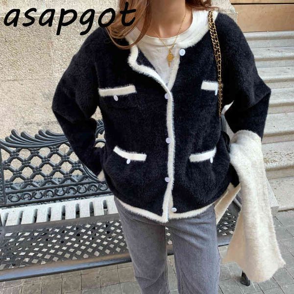 

loose retro gentle o neck long sleeve single breasted sweaters jumpers black contrast color cardigan knitted jacket women pink 210429, White