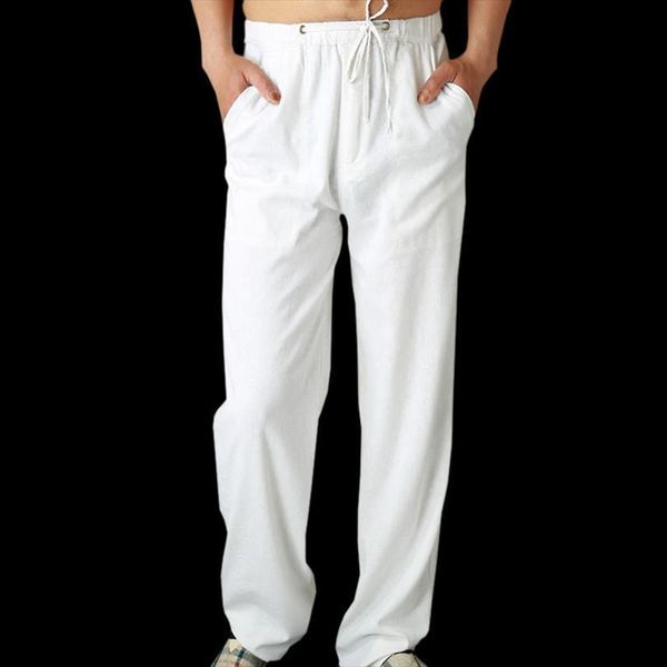 

casual natural cotton linen trousers women pant white elastic waist straight beach loose trouser, Black