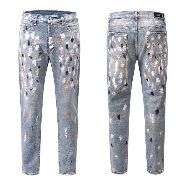 

jeans autumn and winter high street ins trendsetter with fog style color ink spray painting slim fit small leg men, Blue