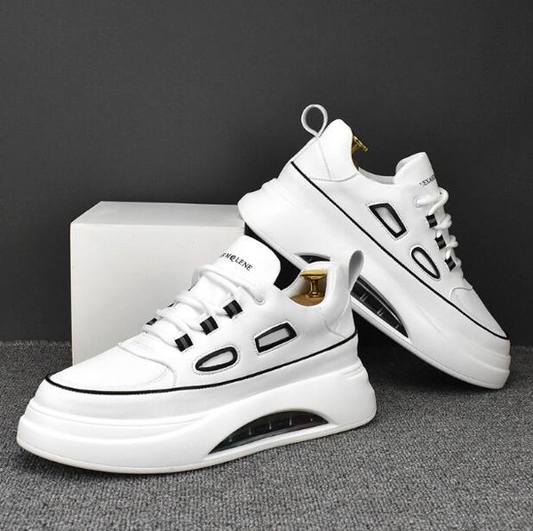 

designer men platform shoes genuine leather white sneakers air cushion shoes round toe flat heel lace-up comfort rock punk sneakers business, Black