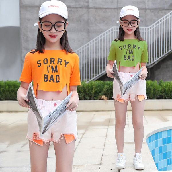 

clothing sets 4 6 8 10 12 year children's cotton sports letters + denim shorts 2021 korean summer cute two piece suit for little girls, White