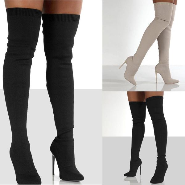 

boots women autumn winter cotton insert warm knee high long female elasticity heel height shoes ladies suede, Black