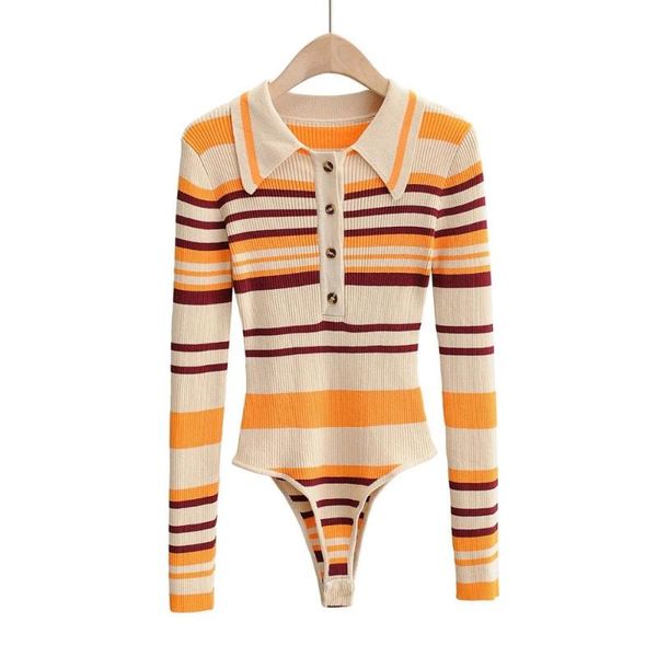 

women's sweaters woman vintage knitting contrast playsuits color striped open lapel long sleeve bodysuit 90's short jumpsuit slim, White;black