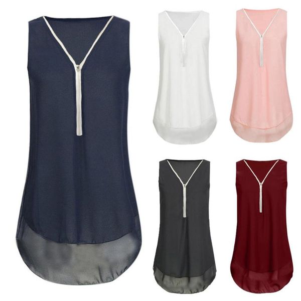 

women's tanks & camis t shirt casual loose sleeveless tank v-neck with zipper hem scoop shirts solid summer tees mujer, White
