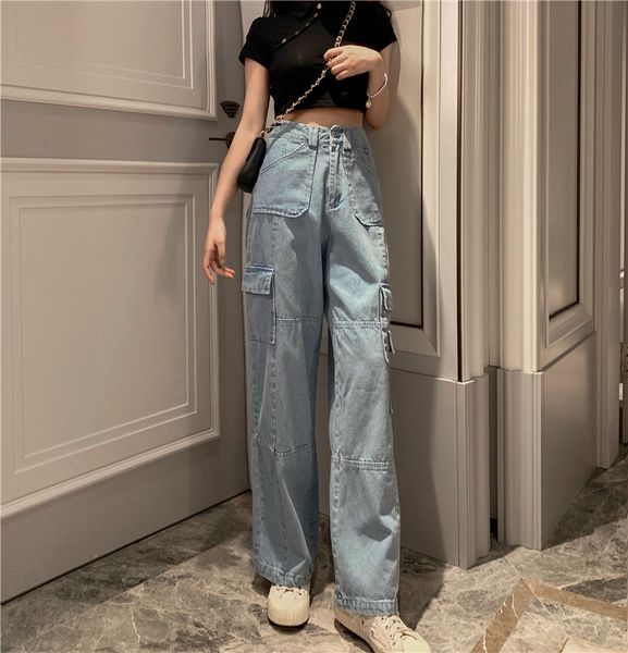 

women's jeans woherb vintage wide leg woman high waisted blue casual long trousers korean streetwear pockets denim pants 25636 200930 n