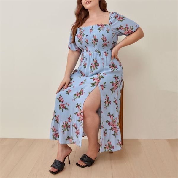 

summer women's casual floral print square neck short sleeve slim slit dress 210430, Black;gray