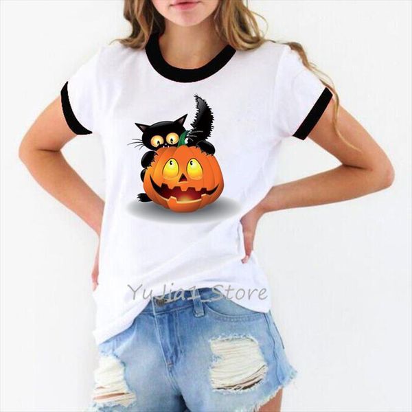 

happy halloween and women funny men t shirts womens black pumpkin print cartoon ringer tee white camisa feminina, White;black