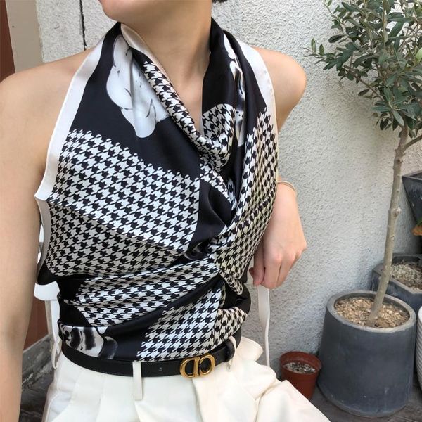 

scarves 100% natural silk scarf women designer houndstooth print square shawl foulard femme bandana 90cm*90cm sfp205, Blue;gray