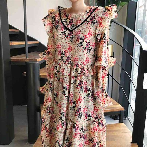

chic vintage dress woman floral printed cloth long-sleeve o-neck loose bodycon korean elegant female spring clothing 210603, Black;gray