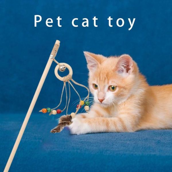 

cat toys durable changeable head wood play wand stick teaser pole with feather pet interactive toy kitten supplies