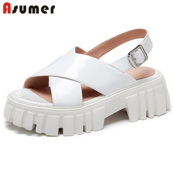 

sandals asumer 2021 genuine leather women square heel platform ladies summer shoes buckle punk woman, Black