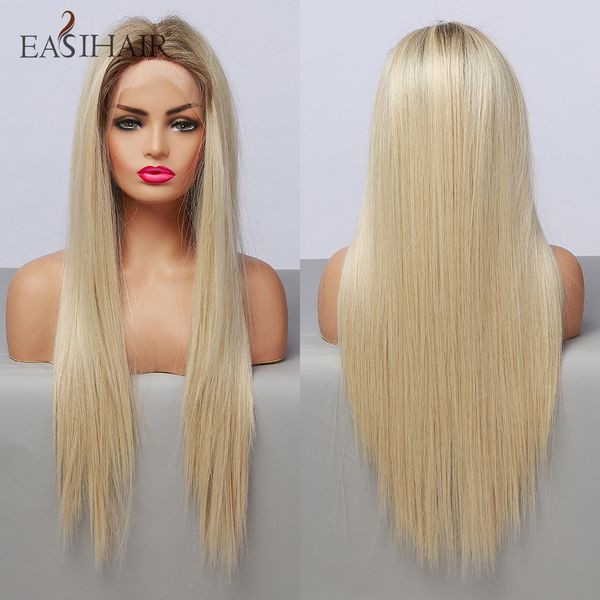 

long straight lace front wig for women brown to blonde ombre synthetic wigs with baby hair high density heat resistant, Black