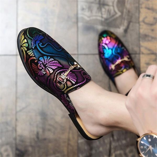 

slippers 2021 men shoes fashion trend pu color printing metal decoration low heel comfortable daily casual lazy half drag 3kc205 8, Black