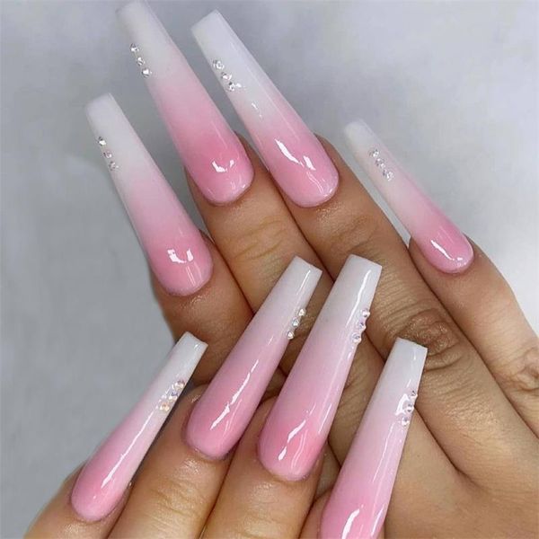 

false nails 24 pcs fake long ballerina coffin french gradiant pink acrylic artificial nail tips with rhinestones press on jp1064, Red;gold