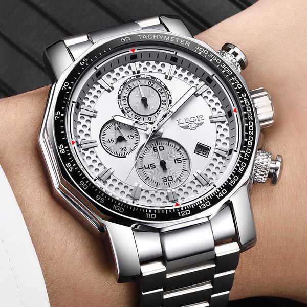 

lige mens watches brand luxury sport quartz clock male all steel military waterproof chronograph relogio masculino+box 210527, Slivery;brown