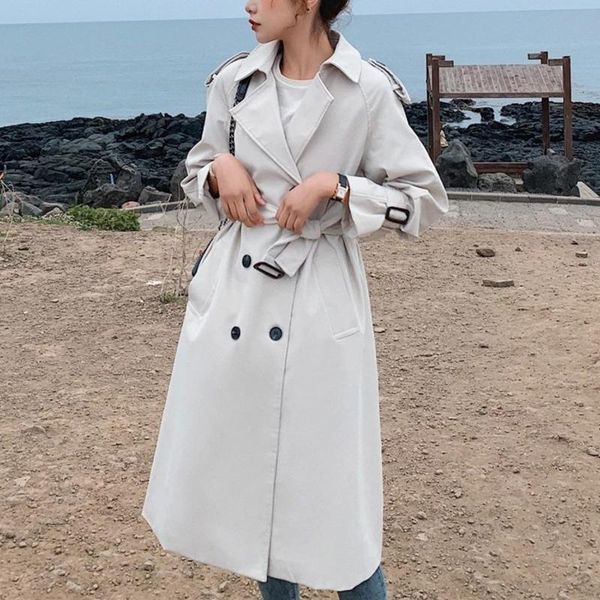 

women's trench coats [ewq] korea chic autumn casual fashion women lapel double-breasted waist wide loose long-sleeved windbreaker 2021, Tan;black