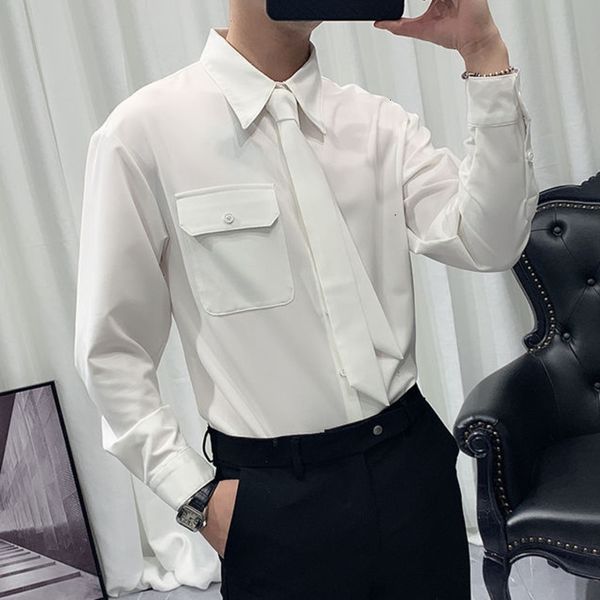 

men's casual shirts korean springlong sleeve black personalized fashion tie camisa social masculina streetwear shirt men fm1b, White;black