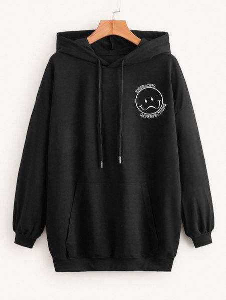 

letter & cartoon face print drop shoulder drawstring hoodie y2il#, White;black