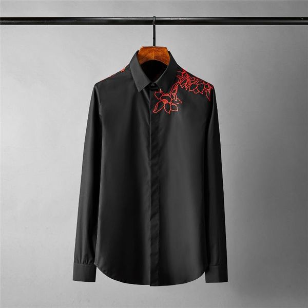 

men's casual shirts classic flower embroidery mens luxury long sleeve party male 4xl fashion slim fit man, White;black