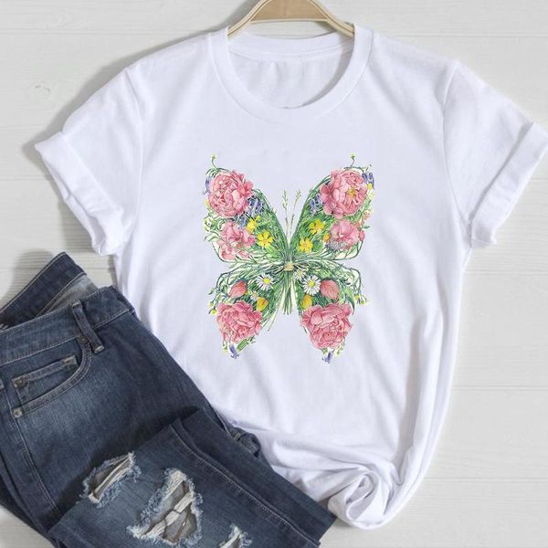 

women's t-shirt t-shirts women floral butterfly clothing spring summer short sleeve clothes stylish tshirt lady print sweet tee, White