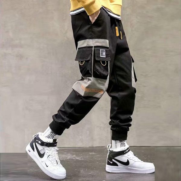 

men's pants multi pockets streetwear cargo harem hip hop casual male track joggers trousers fashion harajuku men, Black