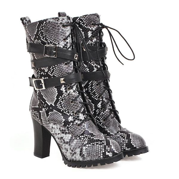 

boots 2021 snake lace up short barrel roman belt buckle rivet shoes thick high heels, Black