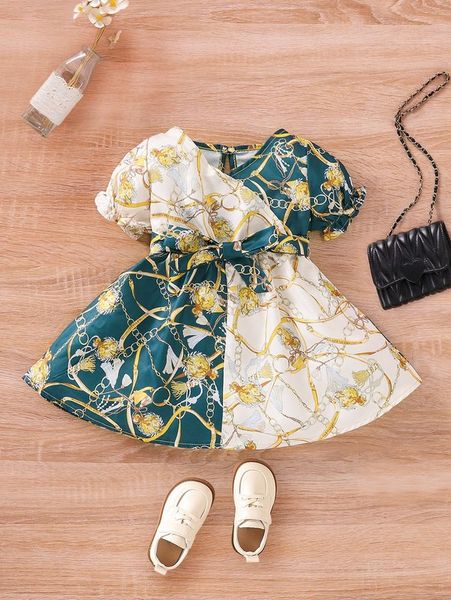 

baby chain print colorblock belted dress she, Red;yellow