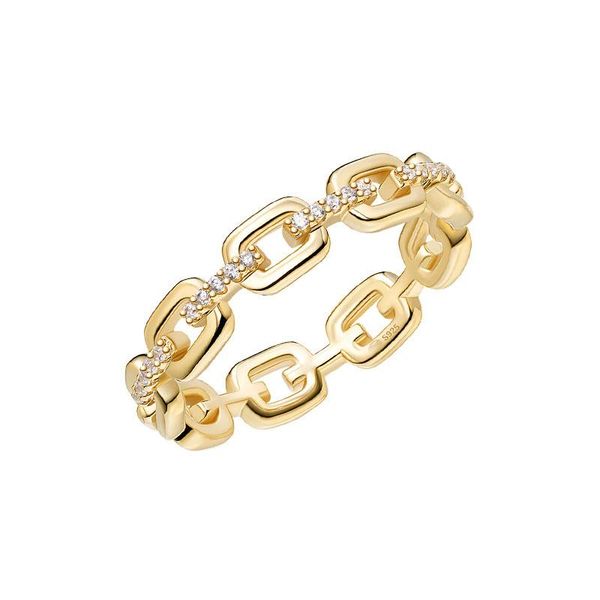 

cluster rings sljely fashion real 925 sterling silver yellow gold color link chain finger ring micro zirconis women fine party brand jewelry, Golden;silver