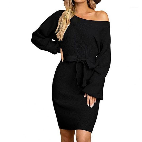 

casual dresses lady dress knitted solid color round neck belt sheath elegant for women daily wear autumn winter 2021 vestidos, Black;gray