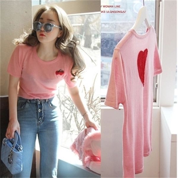 T-shirt da donna sexy slim T-shirt da donna estiva ricamata fragola rosa o collo T-shirt da donna a maniche corte 210423