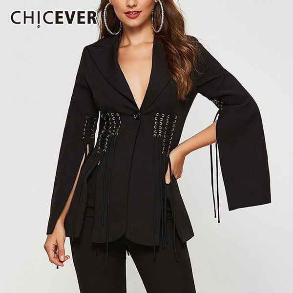 

black blazer for women notched collar long sleeve patchwork bandage designer back split coats female 2021 clothing women's suits & blaz, White;black