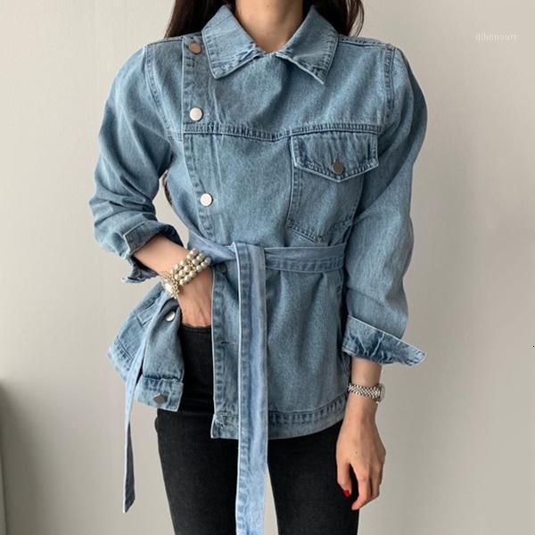 

women's korean fashion spring vintage jeans clothes ladies loose denim jackets women slim coats with belt side buttons lt582s301 c41a, Black;brown