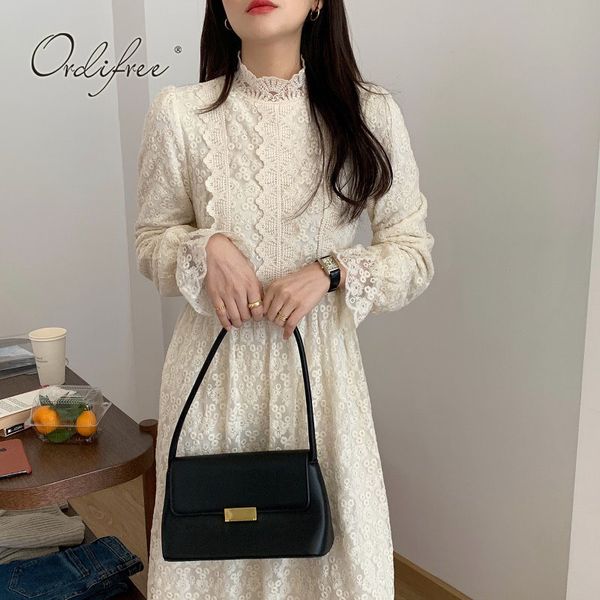 

spring autumn sweet party long sleeve embroidery hollow out crochet elegant vintage maxi lace dress 210415, Black;gray