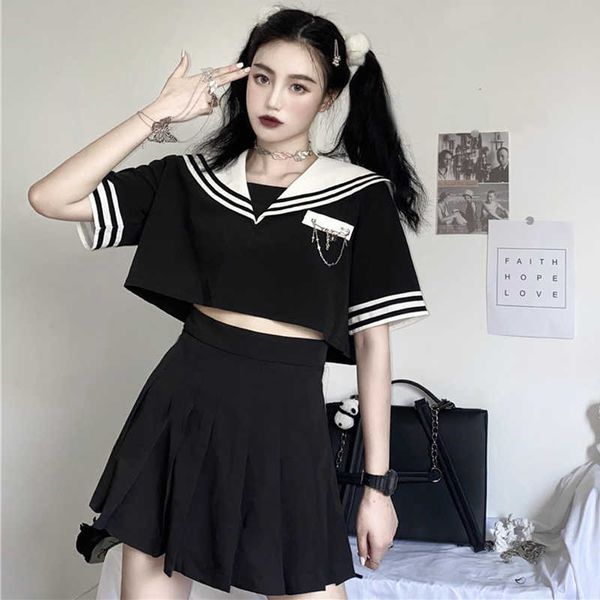 

2pcs/set japanese dark suits & sets gothic summer big size fun harajuku punk hip hop female loose ulzzang two piece set 210608, White