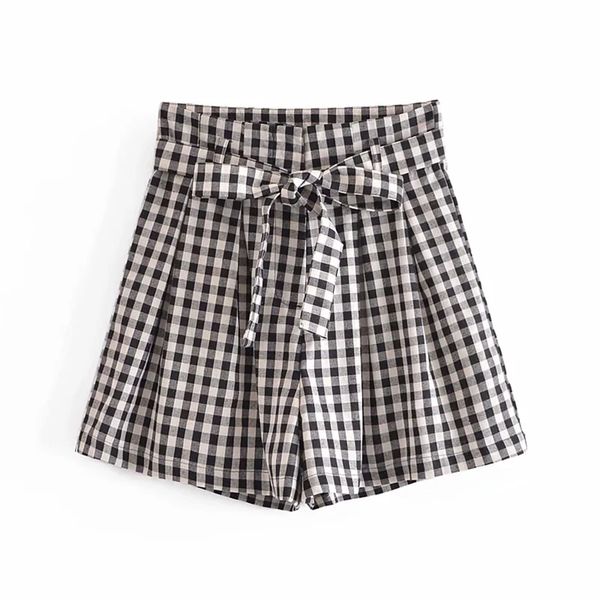 

summer women plaid shorts fashion loose lattice wide leg bow belt female bottom 210524, White;black
