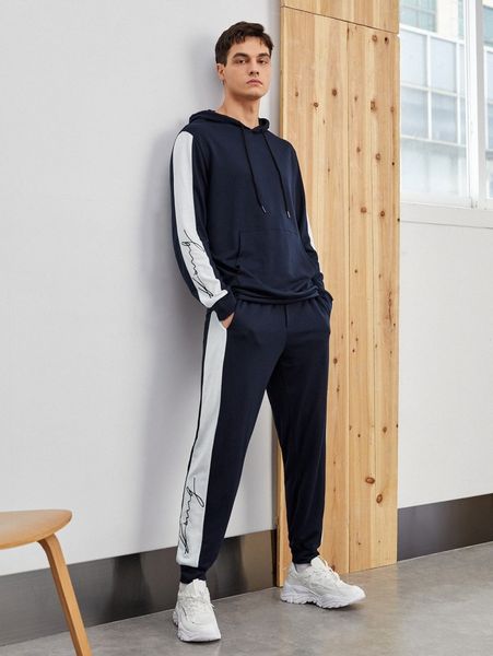

men contrast side seam letter graphic drawstring hoodie & sweatpants 356i#, Gray