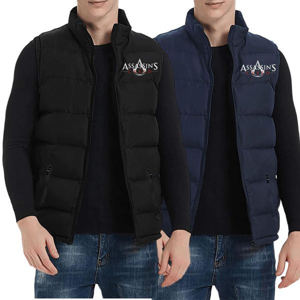 

men's vests creed assassin brand printed jacket fall/winter thicken stand collar solid color vest sleeveless streetwear, Black;white