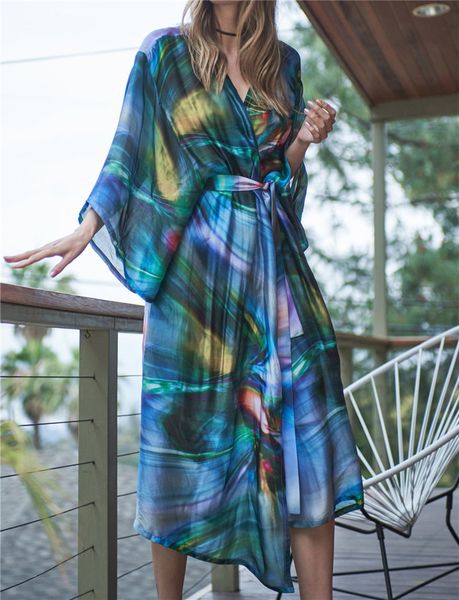

quick-drying green bohemian print kimono wrap dress plus size women summer beach wear tunic elegant full sleeve dress n942 210416, White;black