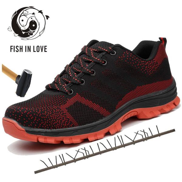 

boots fish in lovemen's breathable steel toe cap safety shoes men outdoor anti-slip puncture proof construction work, Black