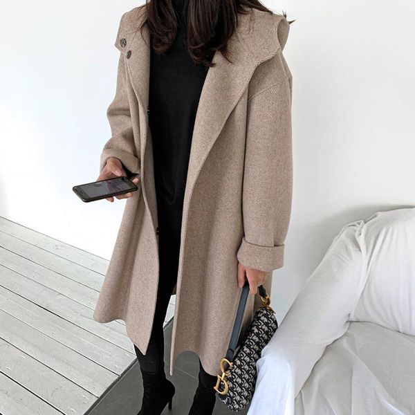 

women's wool & blends korean overcoat women winter windbreakers female loose mid-length hooded double-sided herringbone woolan coat jac, Black