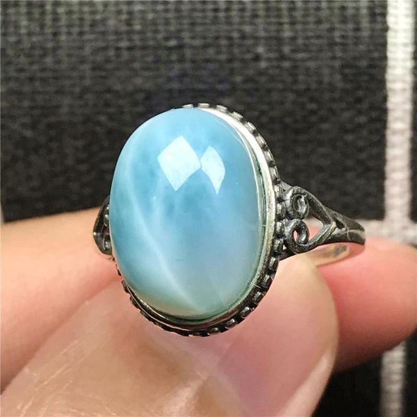 

cluster rings 15x11mm natural blue larimar ring jewelry for woman man crystal water pattern stone silver sterling adjustable, Golden;silver