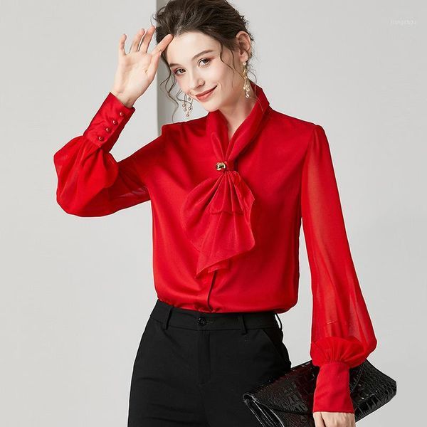 

women's blouses & shirts red chiffon silk blouse for women long sleeve 4xl plus size casual office dress fashion drop, White