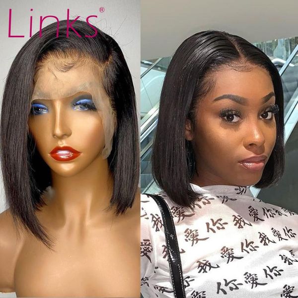 

links short lace front human hair 13x4 wigs brazilian remy straight bob wig pre plucked with baby 360 frontal, Black;brown