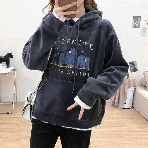 

heavy industry embroidery bear hooded sweater women's 2020 autumn winter loose, thin and plush thickened pullover sweater jacket fashio, Black