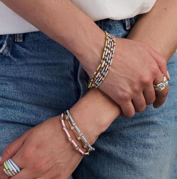 

charm bracelets pastel enamel summer women girl colorful jewelry geometric bar round cz link chain fashion bracelet, Golden;silver