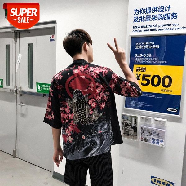 

japanese retro sakura three-quarter sleeve shirt carp and wind cardigan robe kimono jacket #xz0p, White;black