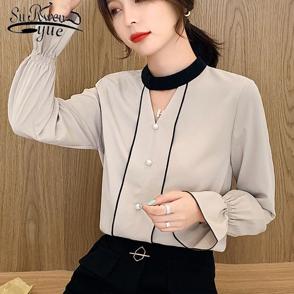 

autumn female elegant nail beads hollowed out long sleeve bottom pollover fairy horn chiffon shirt 6278 50 210508, White